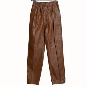 Vintage Brown Leather High-Waisted Pleated Straight-Leg‎ Pants Womens Size 10